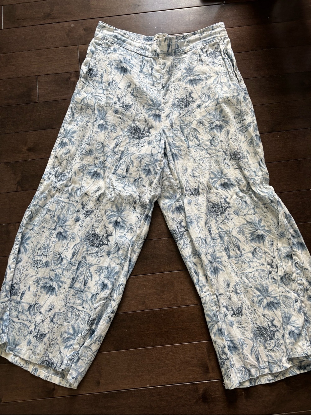 Rachel Zoe Light Blue Palm-Print Wide Leg Pants